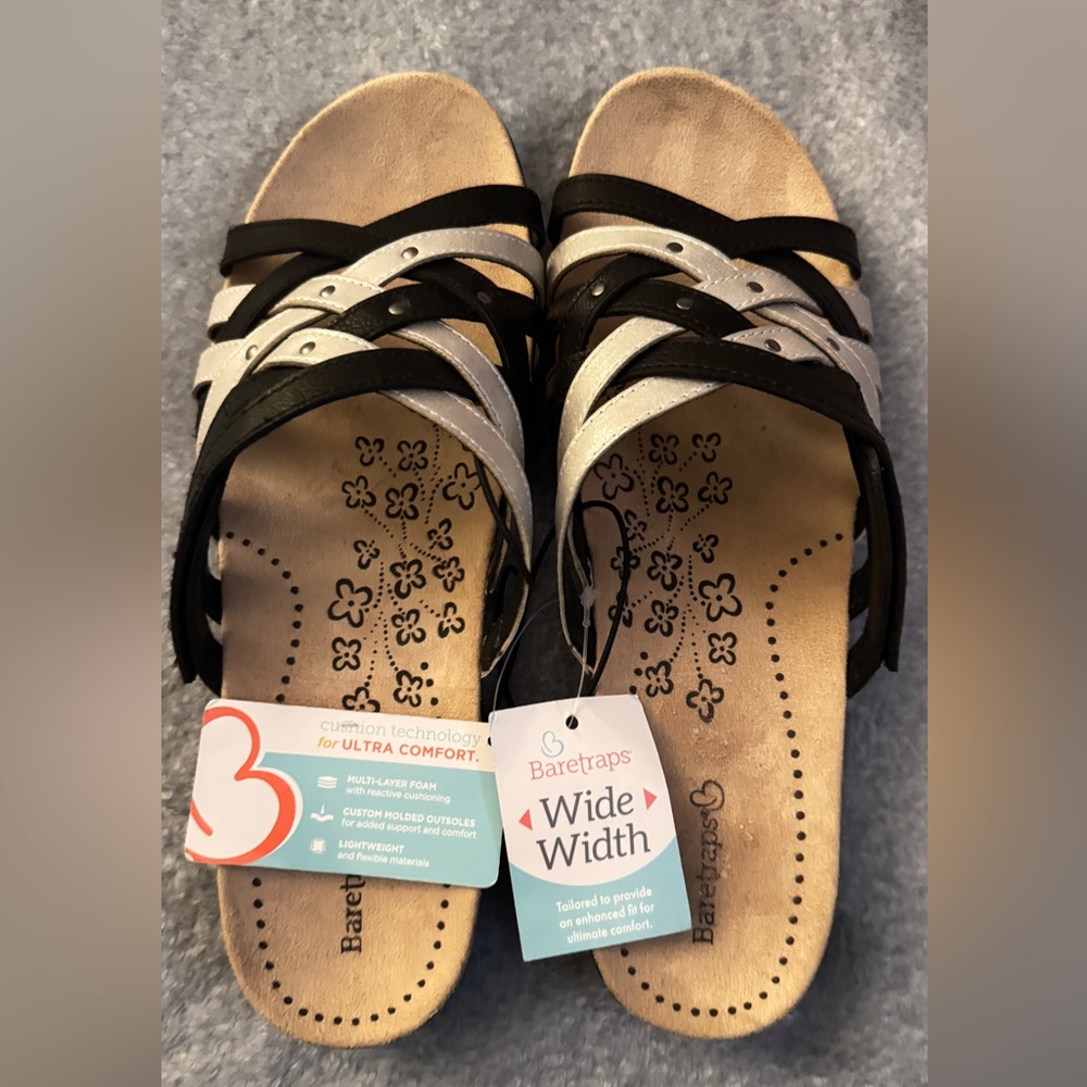 BareTraps Wide Width Black and Silver Strappy Sandals size 11 NWOB